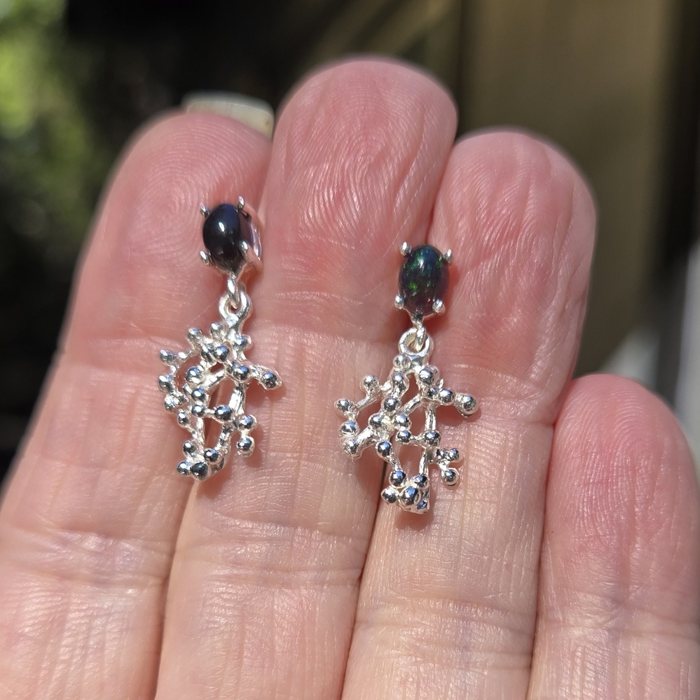 Black Opal 1k Natural Gemstone Stetling & White Gold Earrings - Picture 3 of 8